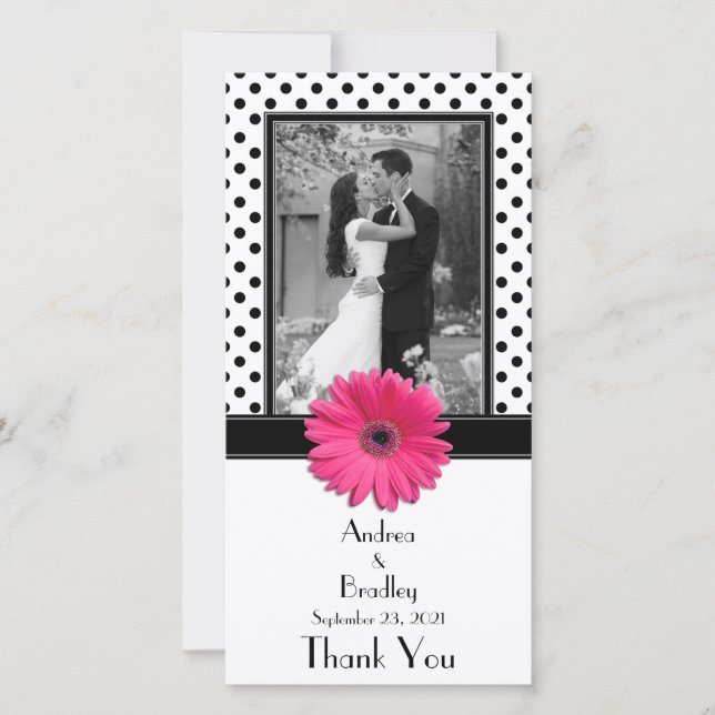Carte De Remerciements Pink Daisy noir blanc Polka Mariage Photocard (Devant)