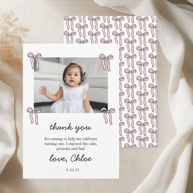 Carte De Remerciements Pink Doodle Bow Baby Girl 1er anniversaire (Créateur téléchargé)