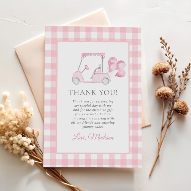 Carte De Remerciements Pink En vichy Golf Girl 1er anniversaire (Créateur téléchargé)