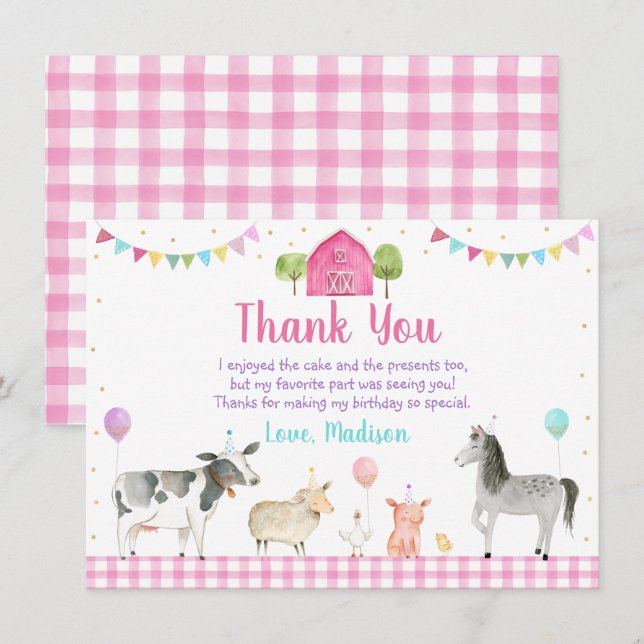 Carte De Remerciements Pink Farm Barnyard ferme animal anniversaire (Devant / Derrière)