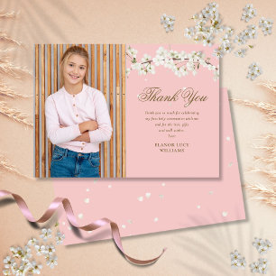 Carte De Remerciements Pink First Holy Communion Photo White Blossom