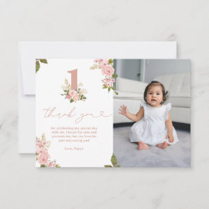 Carte De Remerciements Pink Floral Little Miss 1er anniversaire
