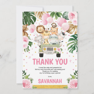 Carte De Remerciements Pink Floral Wild Jungle Safari Animaux Anniversair