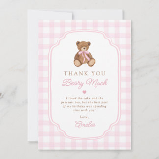 Carte De Remerciements Pink Gingham Teddy Bear Beary First Birthday