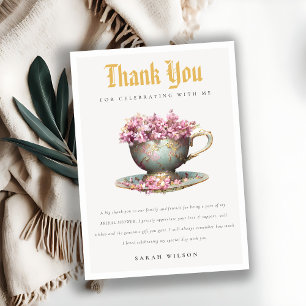 Carte De Remerciements Pink Gold Floral Teacup Fête des mariées Tea Party