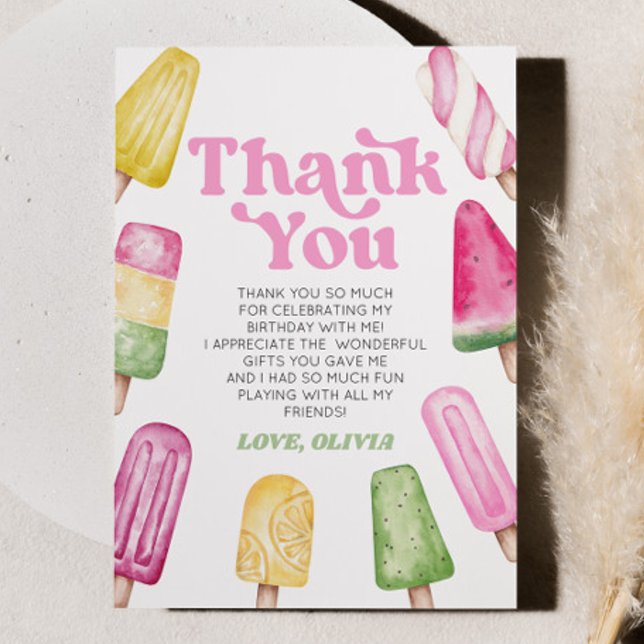 Carte De Remerciements Pink Green Yellow Retro Popsicle fête d'anniversai (Créateur téléchargé)