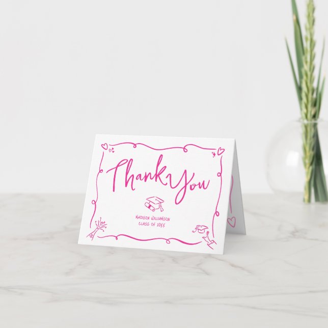 Carte De Remerciements Pink Hand Drawn Doodle Style Graduation White Fun (Devant)