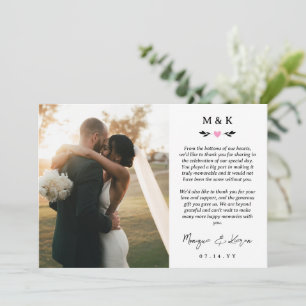 Carte De Remerciements Pink Heart Greenery Mariage de message imprimé