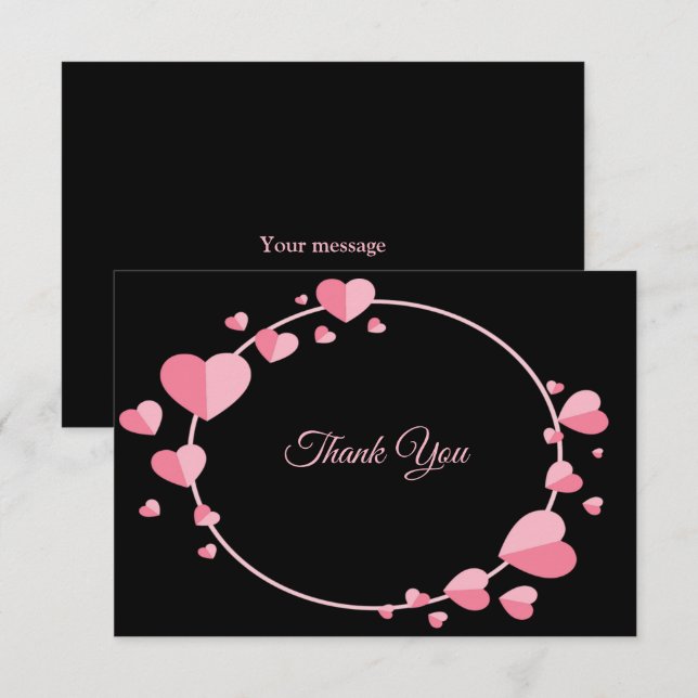 Carte De Remerciements Pink Heart Pattern Black Geometric Wedding (Devant / Derrière)