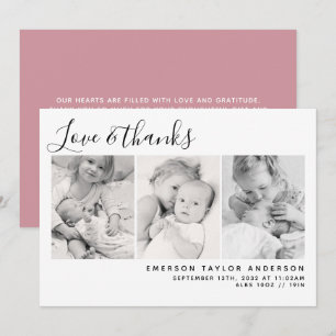Carte De Remerciements Pink Modern Trois Photos Nouveau bébé