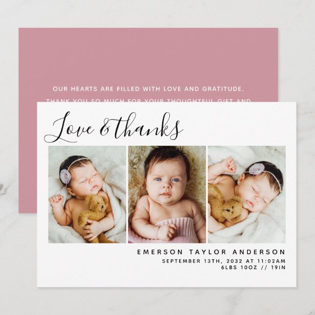 Carte De Remerciements Pink Modern Trois Photos Nouveau bébé (Devant / Derrière)