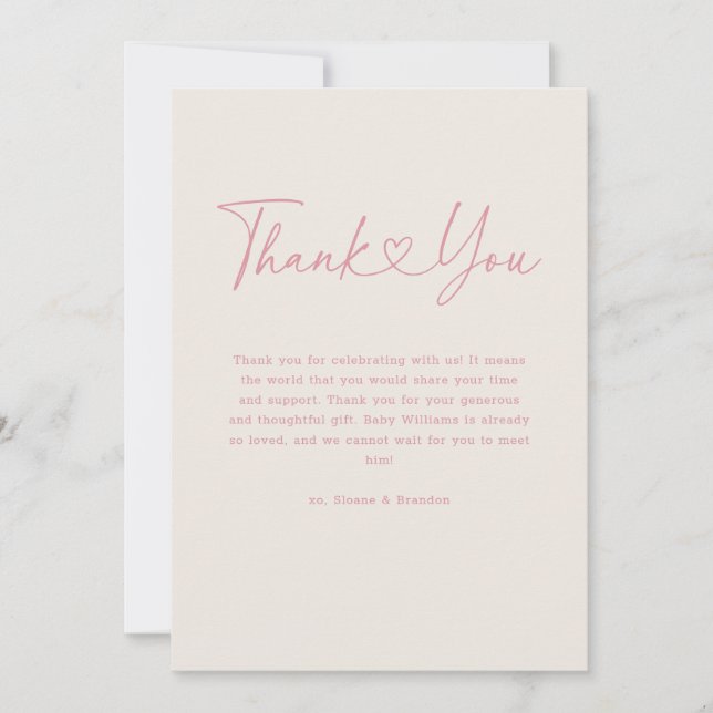 Carte De Remerciements Pink Oh Baby Heart Calligraphie Baby shower simple (Devant)