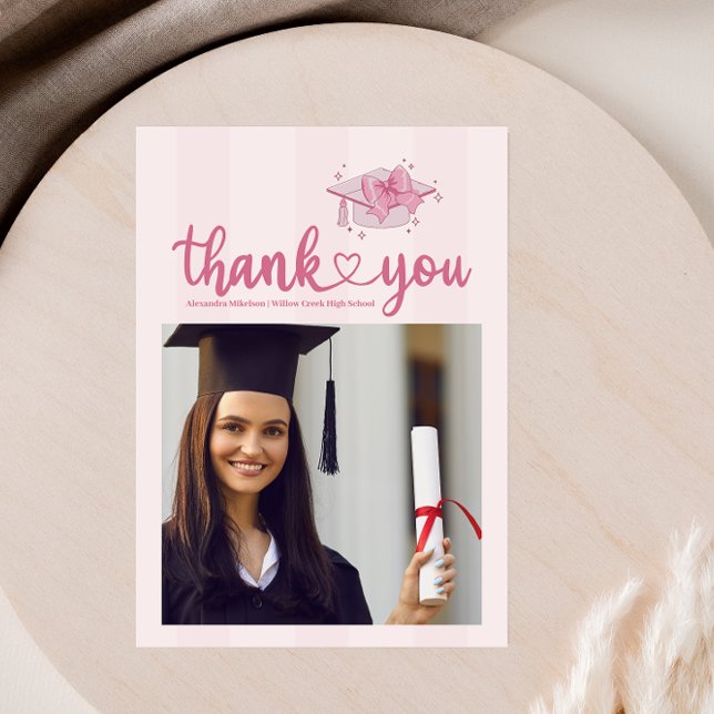Carte De Remerciements Pink Photo Coquette Bow Graduation Party (Créateur téléchargé)
