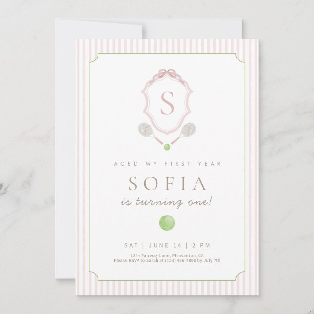 Carte De Remerciements Pink Preppy Tennis Crest 1st Birthday invite (Devant)