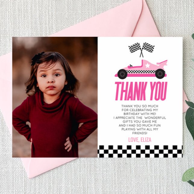 Carte De Remerciements Pink Racecar Race Car Custom Photo Anniversaire (Créateur téléchargé)