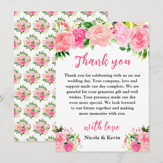 Carte De Remerciements Pink Roses with Foliage Wedding (Devant / Derrière)
