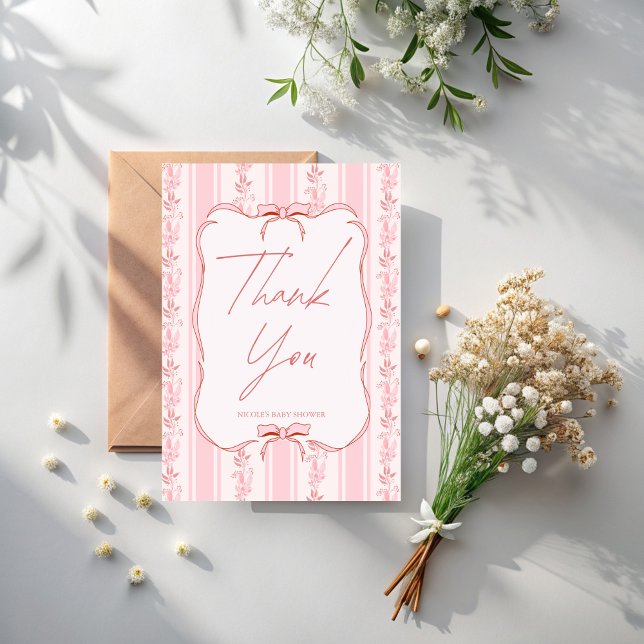 Carte De Remerciements Pink stripes retro bow border elegant baby shower (Pink stripes retro bow border elegant baby shower thank you cards)
