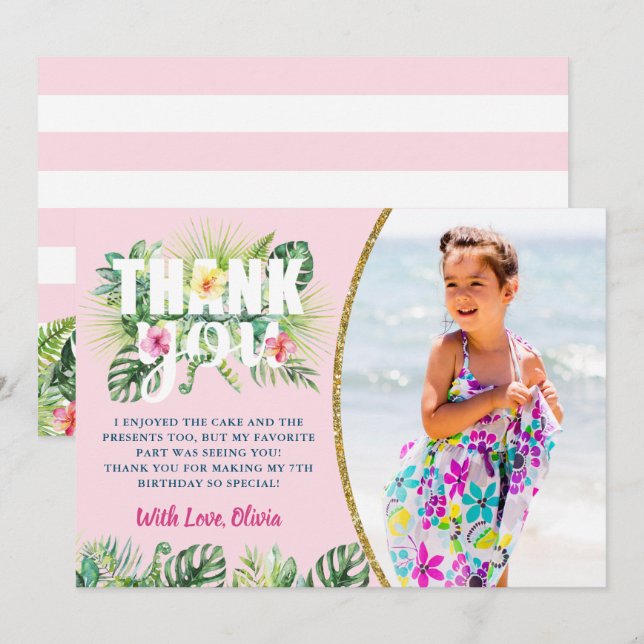 Carte De Remerciements Pink Tropical Floral Girls Beach Party Photo (Devant / Derrière)