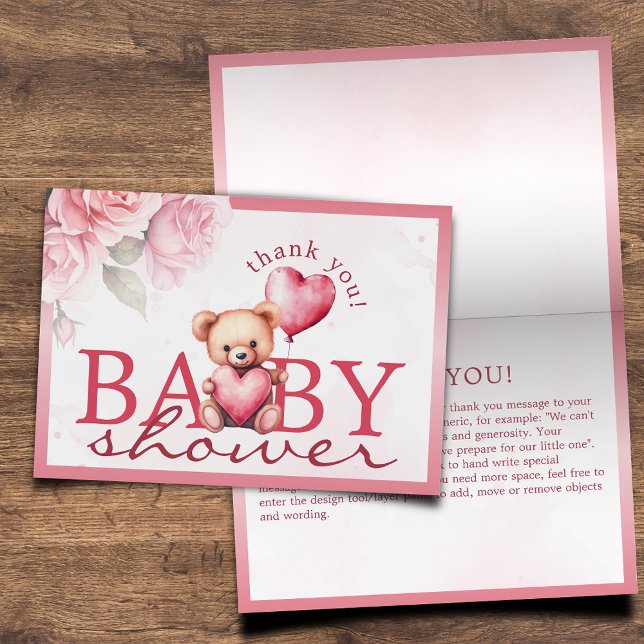 Carte De Remerciements Pink Watercolor Teddy Bear Baby Shower Folding (Créateur téléchargé)