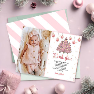 Carte De Remerciements Pink Winter Christmas Tree Photo Anniversaire