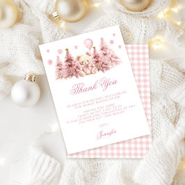 Carte De Remerciements Pink Winter Teddy Bear Bow Baby Girl Shower