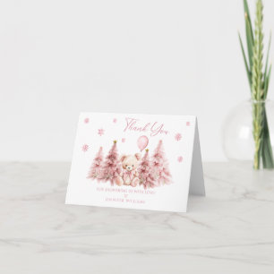 Carte De Remerciements Pink Winter Teddy Ours Bow Baby Girl Douche
