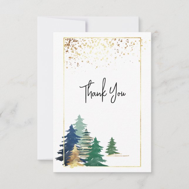 Carte De Remerciements Pins inspirants de lavande verte et d'arbres dorés (Devant)