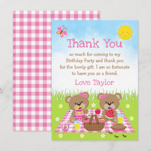 Carte De Remerciements Pique-nique nounours Anniversaire Rose En vichy