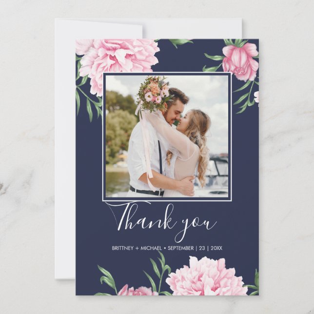 Carte De Remerciements Pivoine Rose Botanique Élégante Marine (Devant)