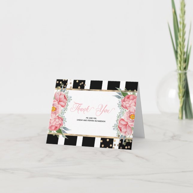 Carte De Remerciements Pivoines roses et rayures noires Élégant remerciem (Devant)