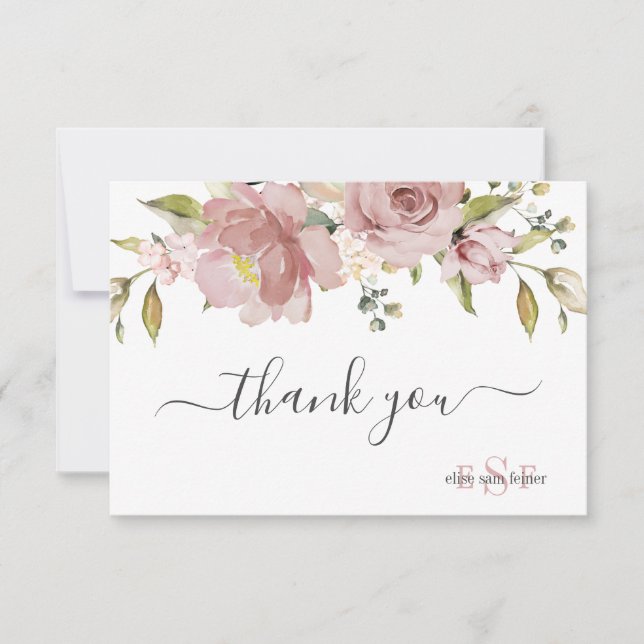Carte De Remerciements PixDezines Monogram H2 Fleurs Rose Poussiéreux   (Devant)
