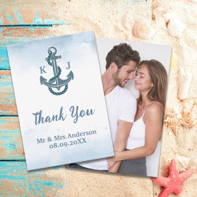 Carte De Remerciements Plage côtière Ancre bleue Mariage nautique Photo (Coastal Beach Blue Anchor Nautical Wedding Photo Thank You Card)