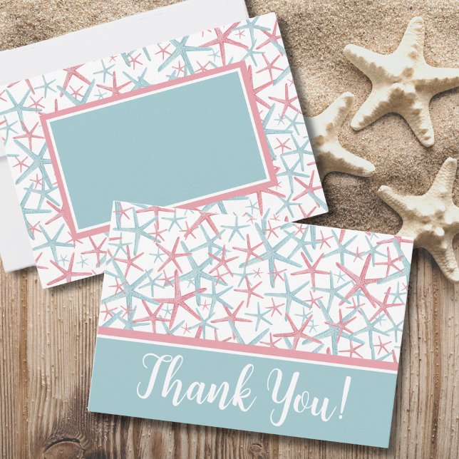 Carte De Remerciements Plage de peinture à l'aquarelle côtière (Cute Typography Coastal Watercolor Starfish Beach Thank You Card)