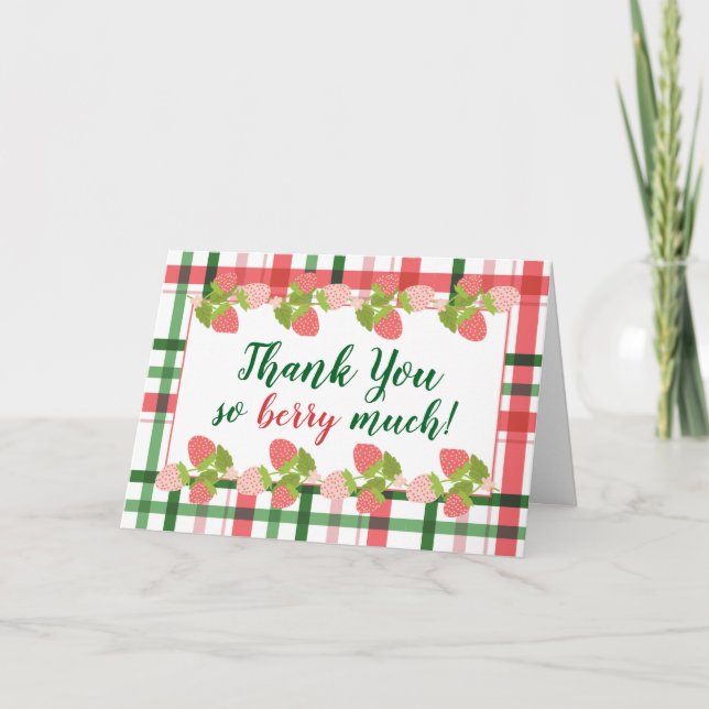 Carte De Remerciements Plaid Fraise "Merci beaucoup, vous êtes trop chou" (Devant)