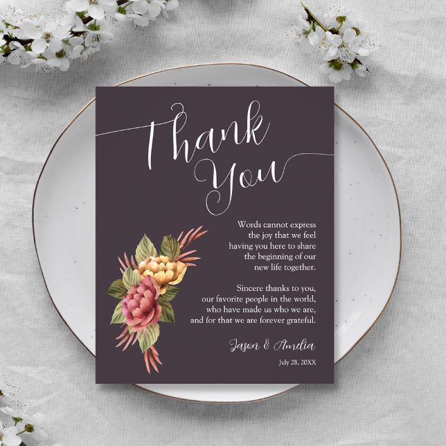 Carte De Remerciements Plaque de remerciement de mariage floral élégant (Terracotta Floral Wedding Reception Plate Thank You Cards)