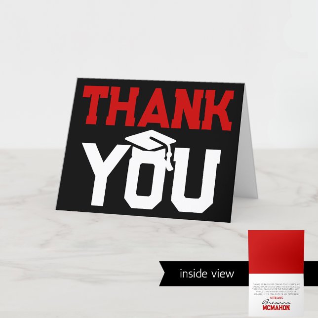 Carte De Remerciements Pliage de graduation rouge et noire (Red and Black Chalkboard Graduation 2 Photo Folding Thank You Card)