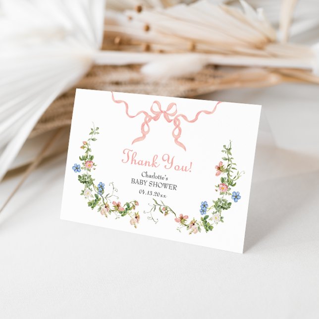 Carte de remerciements plié fleur sauvage rose Bow (Créateur téléchargé)