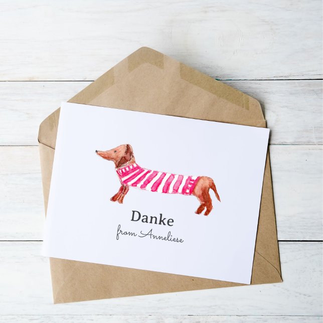 Carte de remerciements pliée (Say thank you with a German twist with our cute watercolor dachshund, hand-painted and unique!)