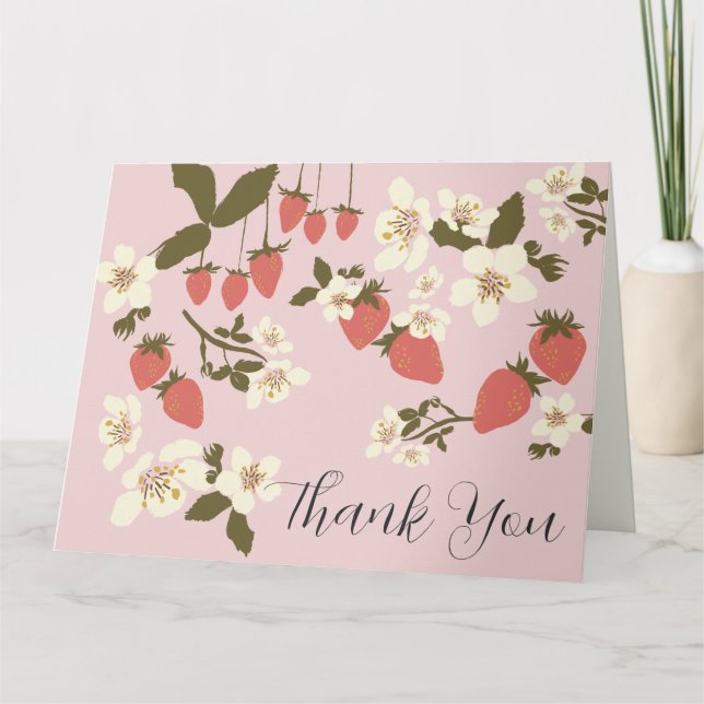 Carte de remerciements pliée aux fraises roses (Devant)