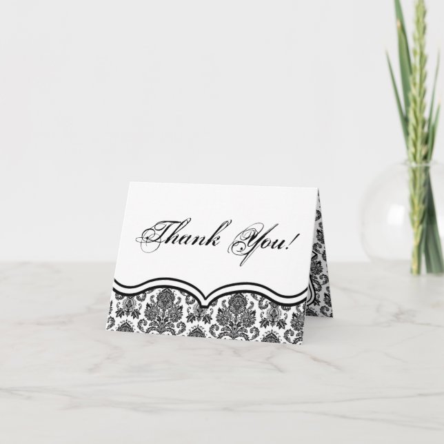 Carte de remerciements pliée noir blanc damassé de (Devant)