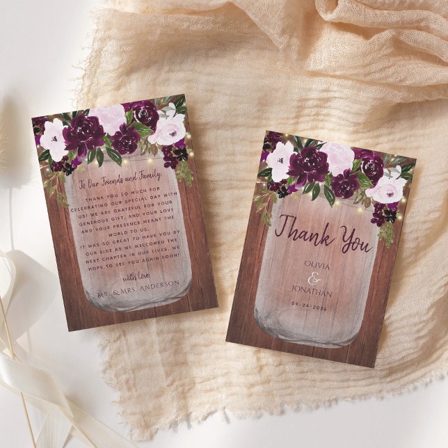 Carte De Remerciements Plum Floral Rustique Bois Mason Mariage de jarre (Créateur téléchargé)