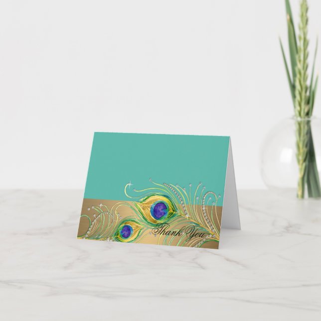 Carte De Remerciements Plumes de paon modernes Faux bijou défilement spir (Devant)