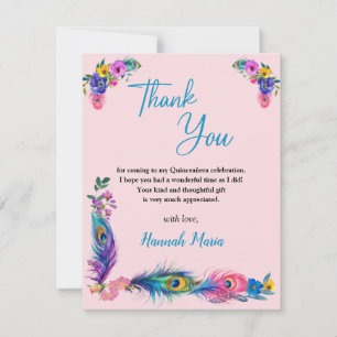 Carte De Remerciements Plumes et fleurs de paon Quinceañera Plat rose