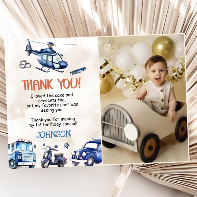 Carte De Remerciements Police Boy 1er Anniversaire Photo (Créateur téléchargé)