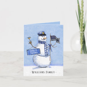 Carte De Remerciements Police Ligne Bleue Mince Drapeau Snowman Holiday