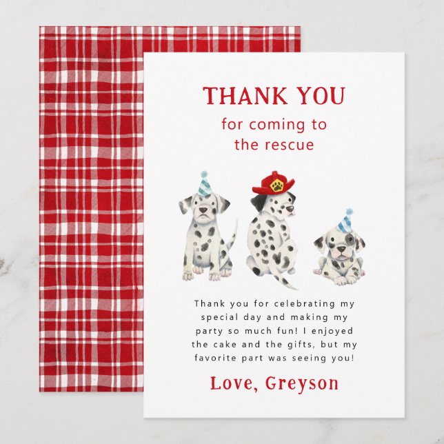 Carte De Remerciements Pompier Dalmatiens Garçon fête d'anniversaire (Devant / Derrière)