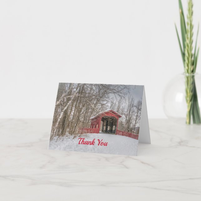 Carte De Remerciements Pont couvert Neige rouge Photo (Devant)