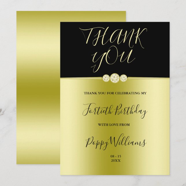 Carte De Remerciements Posh Gold & Black Elegant Diamonds 40e anniversair (Devant / Derrière)