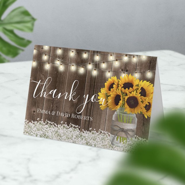Carte De Remerciements Pots de fleurs de mariage tournesol Bois de grange (Créateur téléchargé)