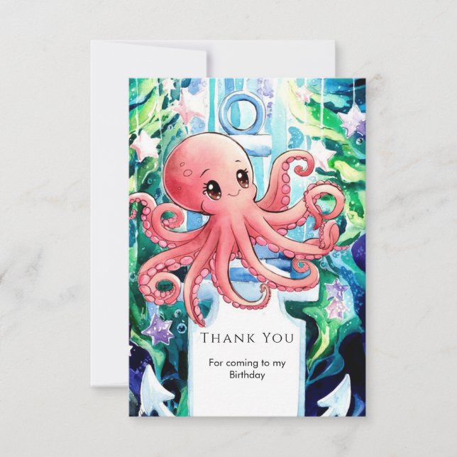 Carte De Remerciements Poulpe Fantaisiste Sous-Marin Anniversaire (Devant)